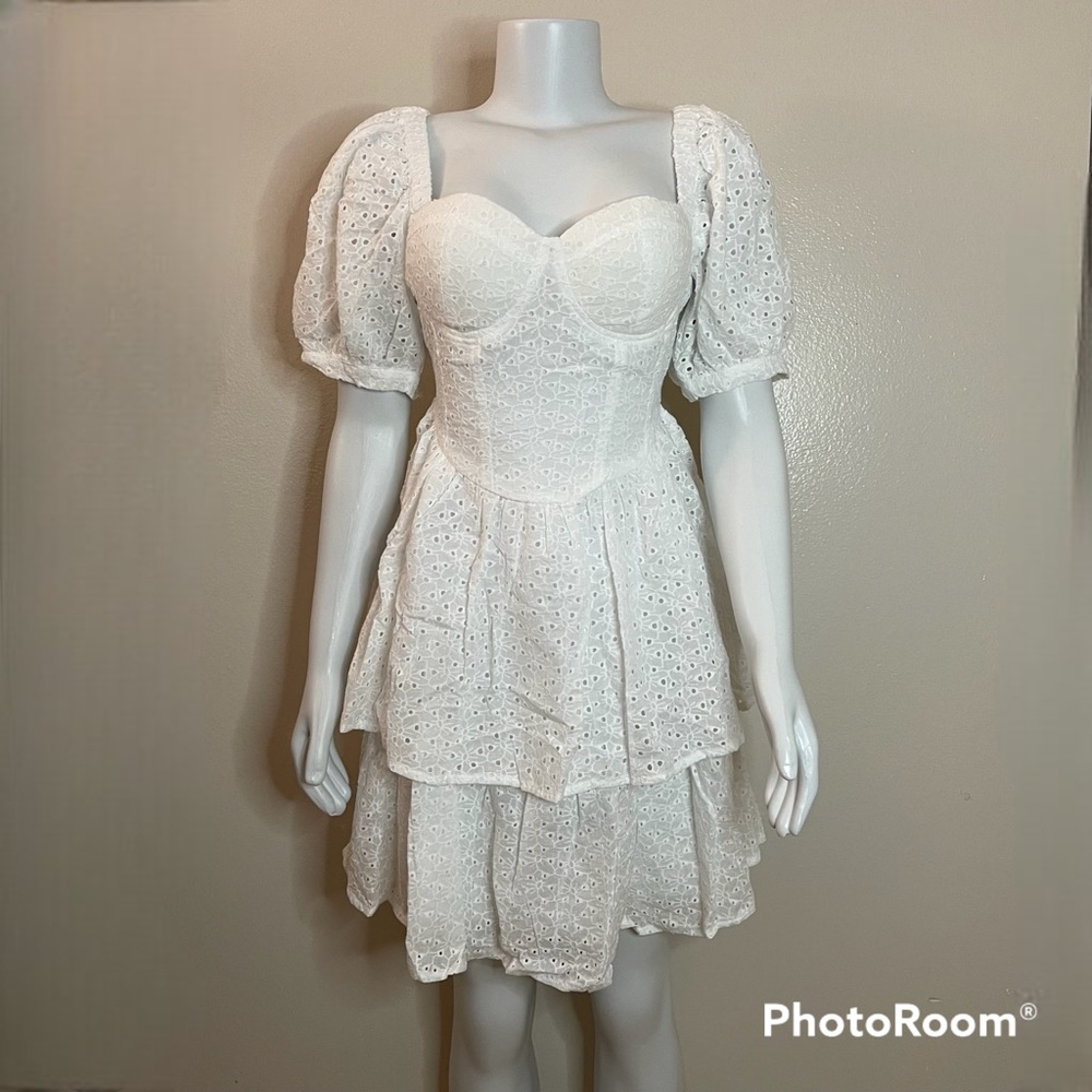 White eyelet beach ruffle sweetheart neckline mini dress